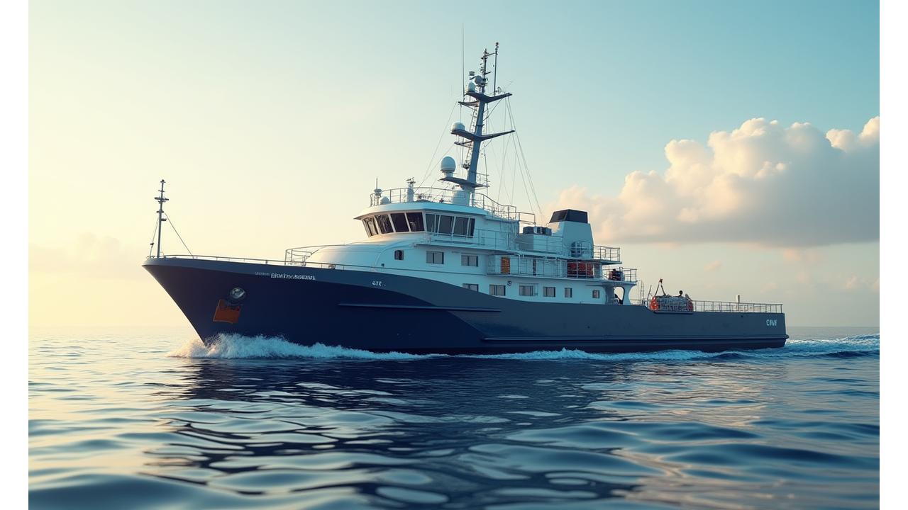 Modern commercial fishing vessel navigating a vibrant blue sea at dawn