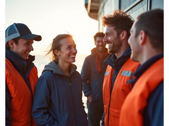 Diverse and smiling crew members interacting positively on a ship's deck, signifying a high level of job satisfaction and good team morale.