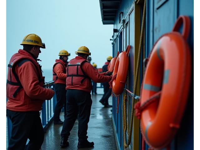 Crew members conducting a well-organized emergency drill on a vessel, demonstrating competence and readiness.