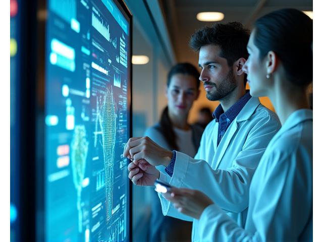 A diverse group of marine scientists and data analysts collaborating around a large screen displaying complex ecological models and fish stock data in a modern research lab.