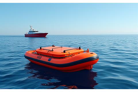 Emergency life raft deployed on the ocean next to a vessel