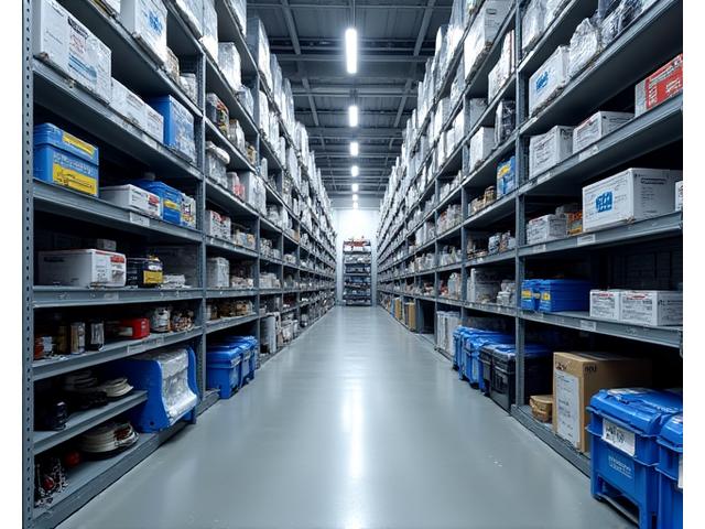 Organized marine parts warehouse with shelves stocked with various components