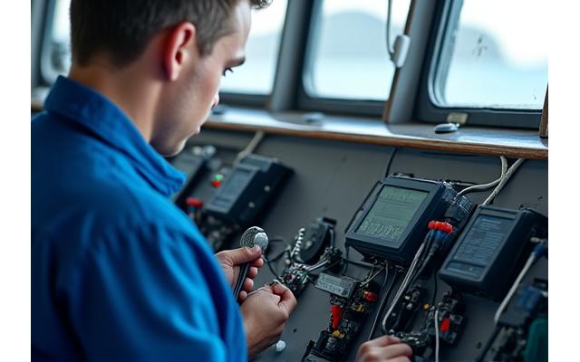 Technician installing complex marine electronics on a vessel