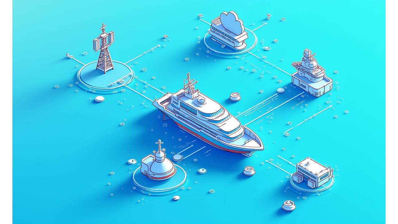 Diagram illustrating satellite and cellular connectivity with various marine vessel systems