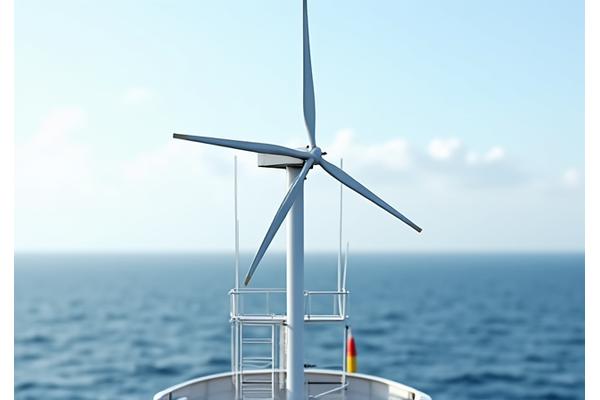 Small-scale vertical axis wind turbine on a fishing vessel, illustrating marine wind energy integration.