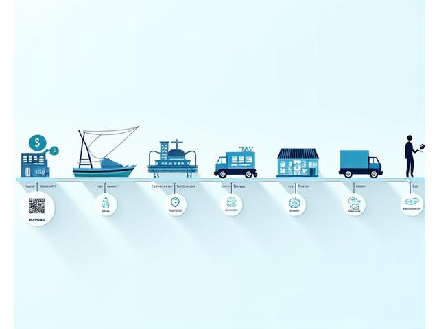 Illustration of a complete seafood supply chain journey, from fishing vessel to consumer plate