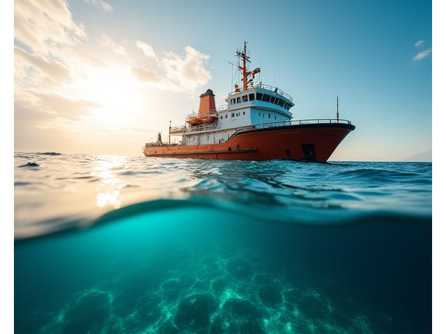 Fishing vessel operating sustainably amidst a pristine ocean, clear waters, and healthy marine life.